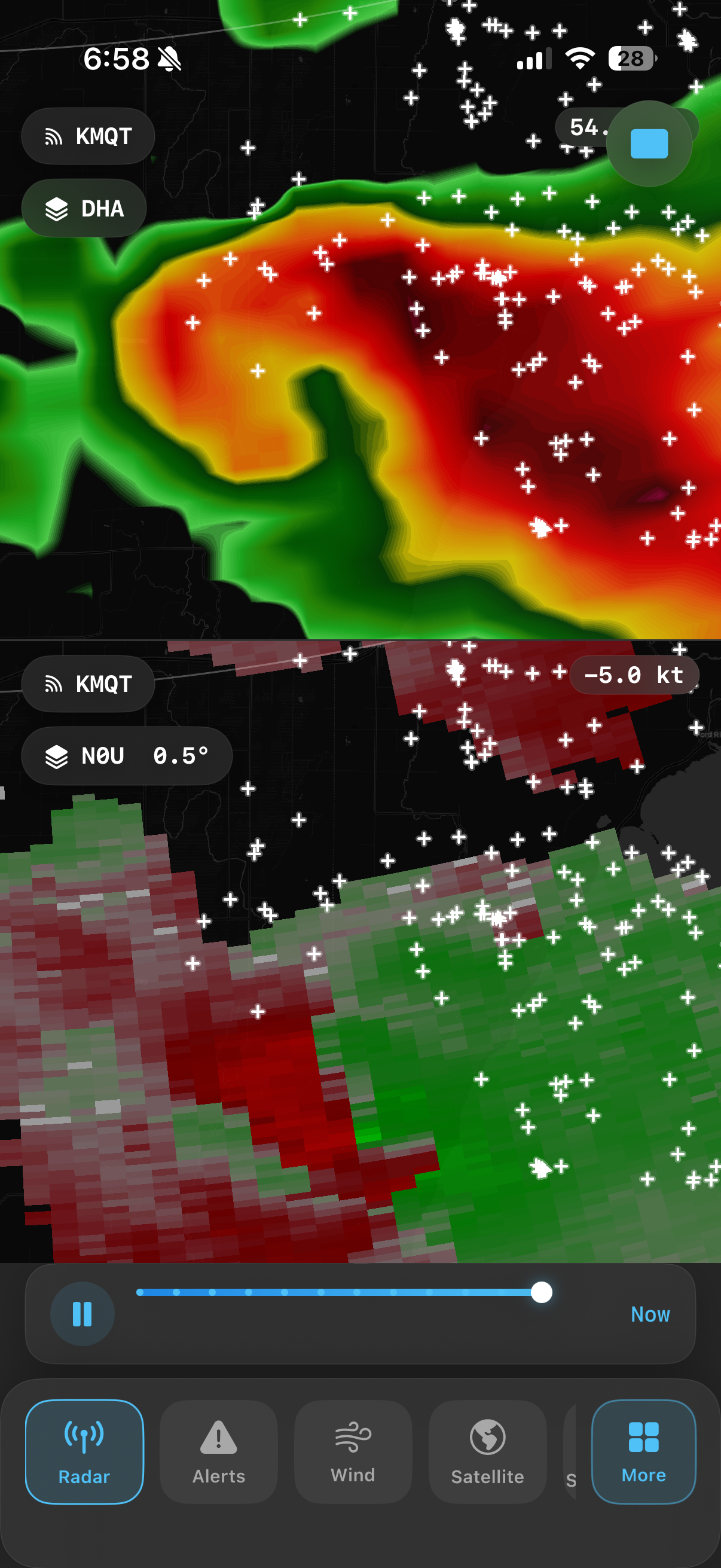 Weather Radar Pro dual-pane view: NEXRAD reflectivity over base velocity with GLM lightning strikes