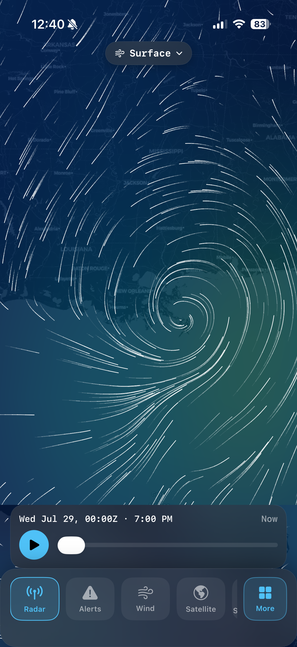 Animated wind streamlines swirling into a low over the Gulf Coast