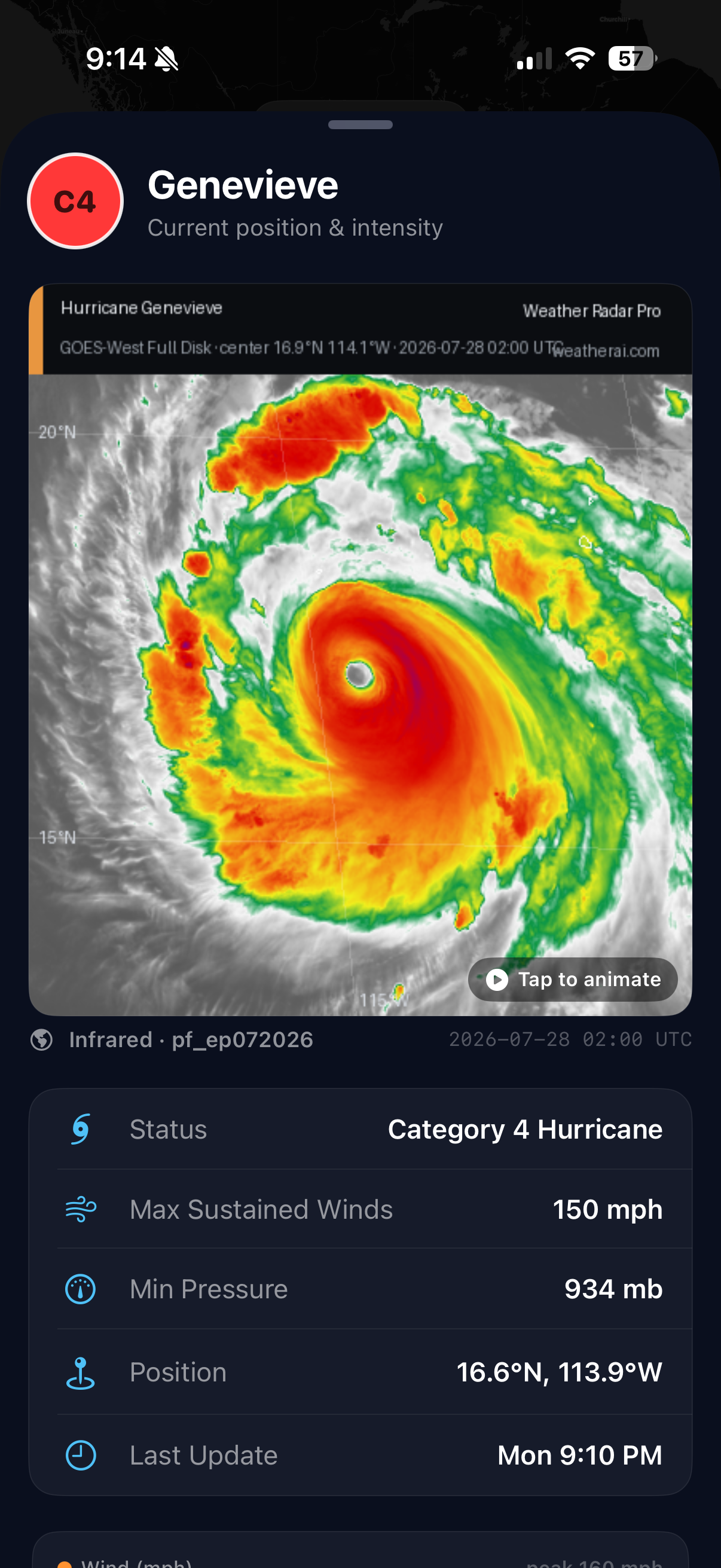 Category 4 Hurricane Genevieve detail: infrared imagery with status, winds, and pressure