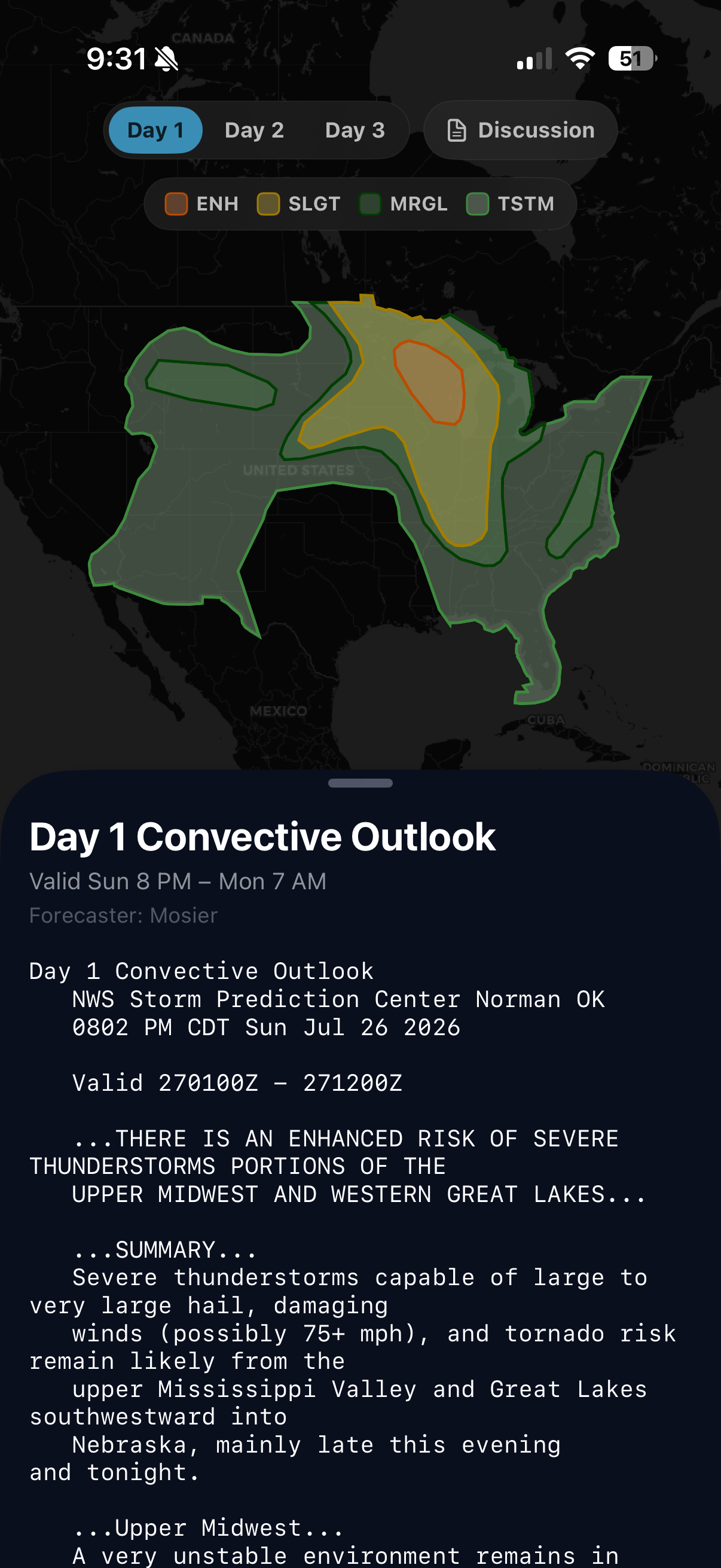 SPC Day 1 Convective Outlook map with categorical risk areas and the full forecast discussion