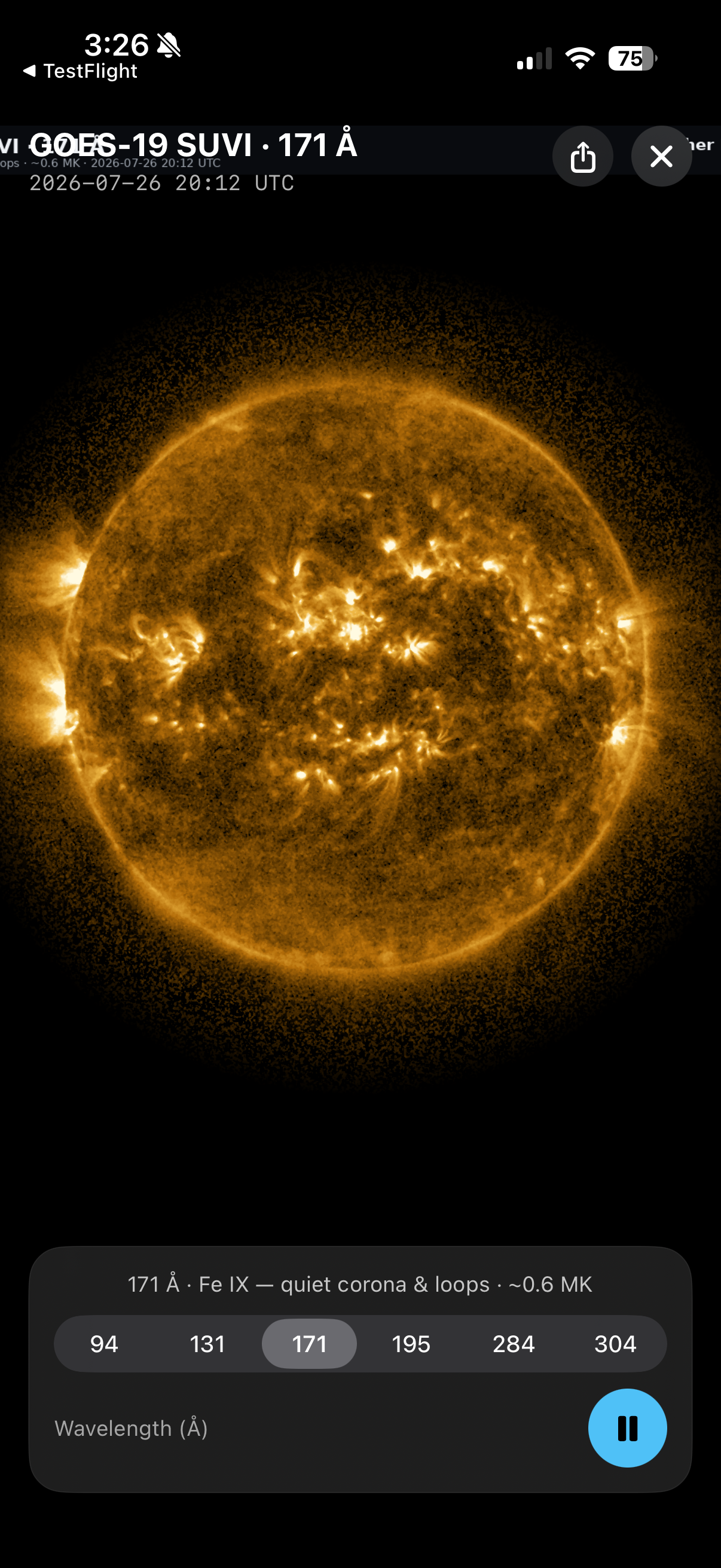 GOES-19 SUVI extreme-ultraviolet image of the sun at 171 Ångström showing the active corona