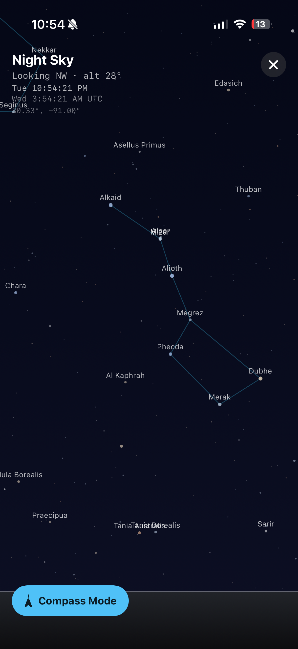 Night Sky view identifying the Big Dipper with labeled stars, compass aligned